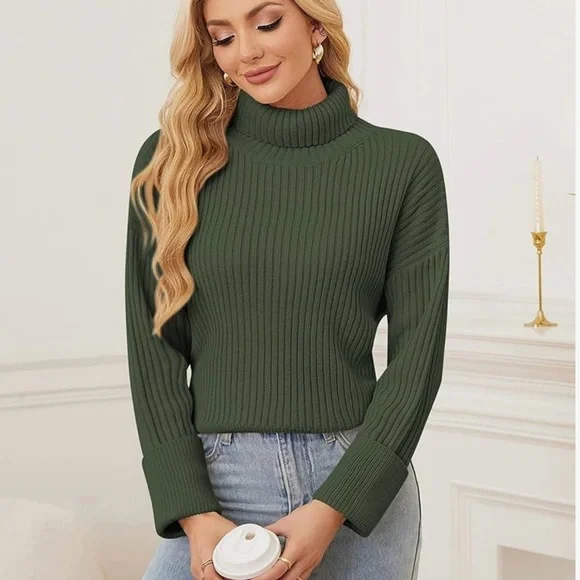 Zaful Green Ribbed Turtleneck Sweater Women's Small NWT Long Sleeve Knit - Picture 2 of 3
